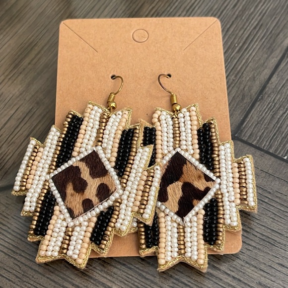 Aztec Shape, Seed Bead, Animal Pattern Fur, Fabric Earrings - Picture 7 of 13